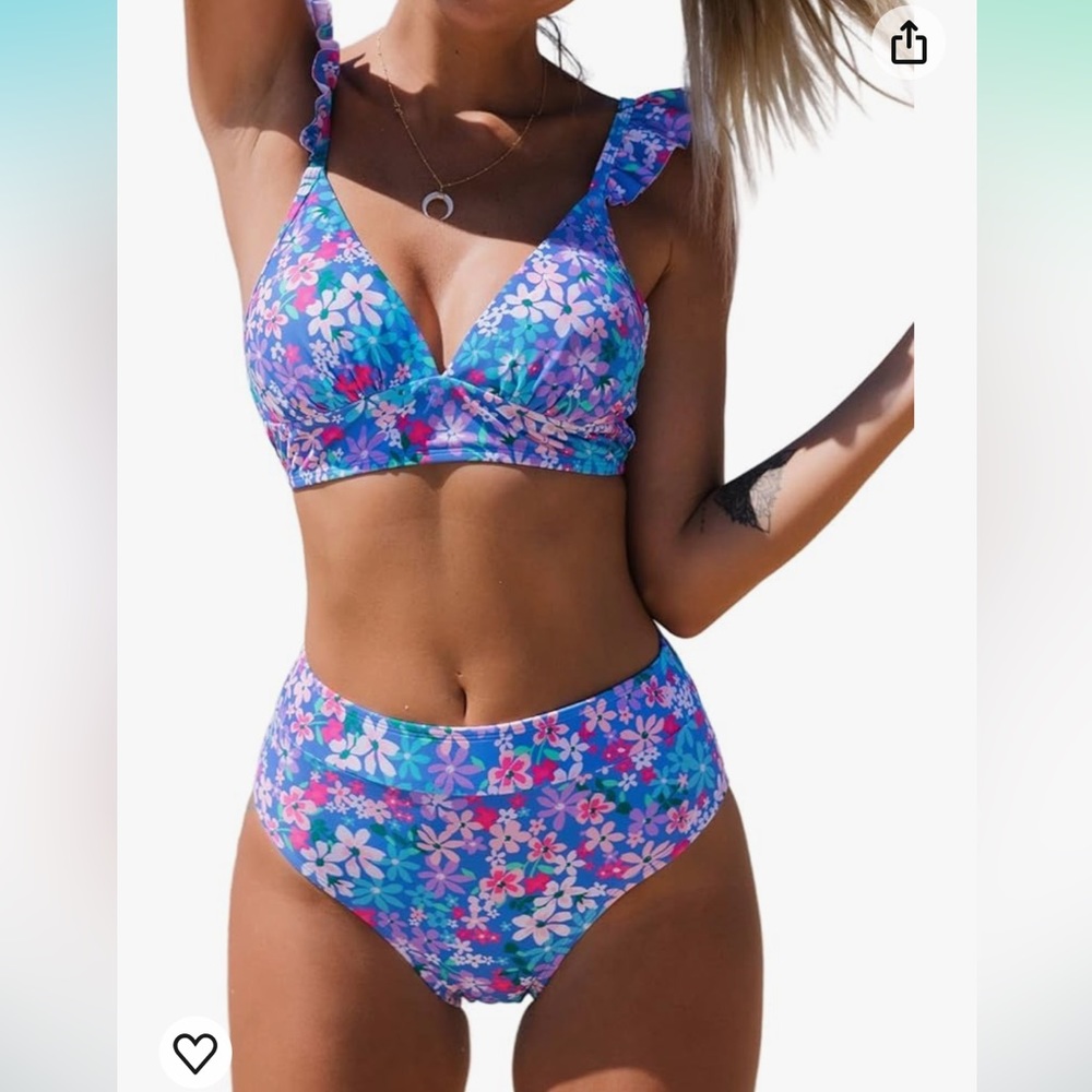Cupshe High Waisted 2 Piece Bikini Purple Floral Ruffle bathing suit